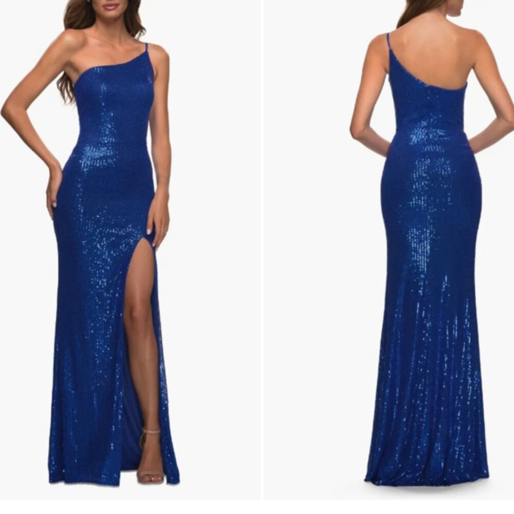 La Femme NEW One Shoulder Sequin Maxi Prom Formal Special Occasion Dress Blue 0